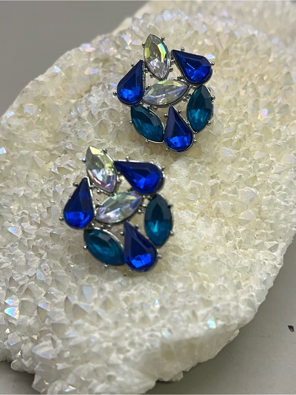 Silver Tone Blue Crystal Cluster Stud Earrings | Statement Rhinestone Teardrop